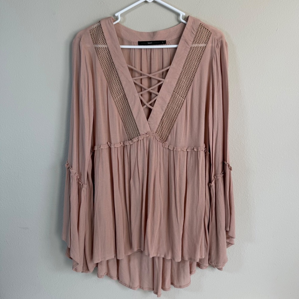 Pink Boho Peasant Top V-Neck Bell Sleeves Large Cottagecore Fairy Blouse Flowy